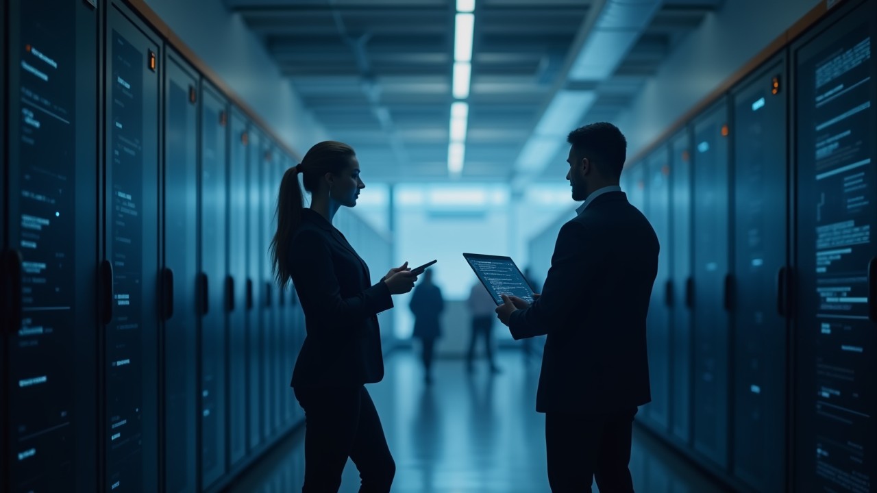 Realistic photo of technology partners collaborating in a grey-blue data environment representing Kaizen’s channel-only partner solutions.