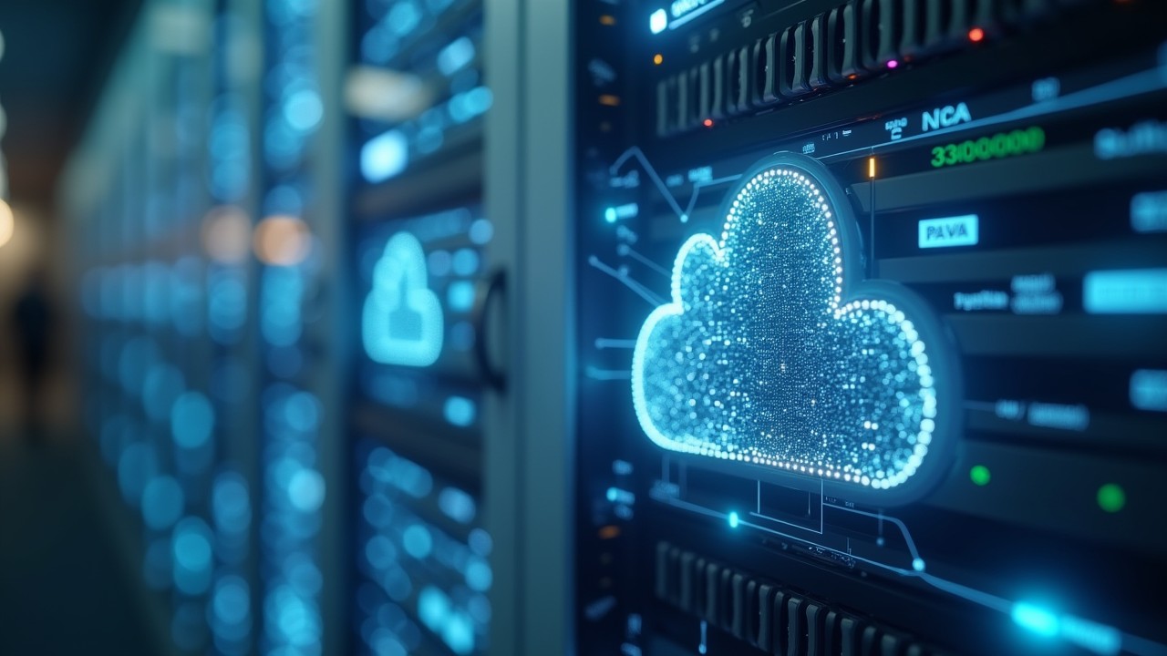 Realistic image of hybrid cloud infrastructure with soft grey-blue network lighting symbolising seamless cloud integration.