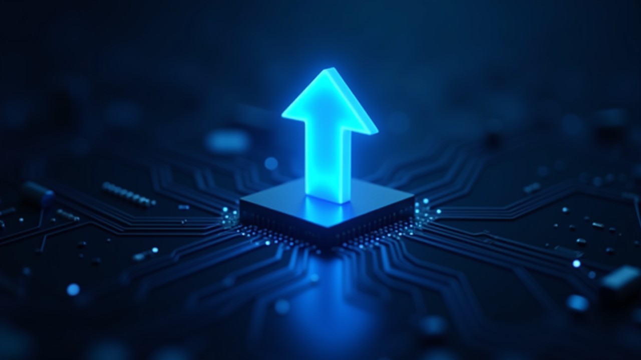 Glowing blue upward arrow above circuitry representing Kaizen’s ongoing commitment to excellence.