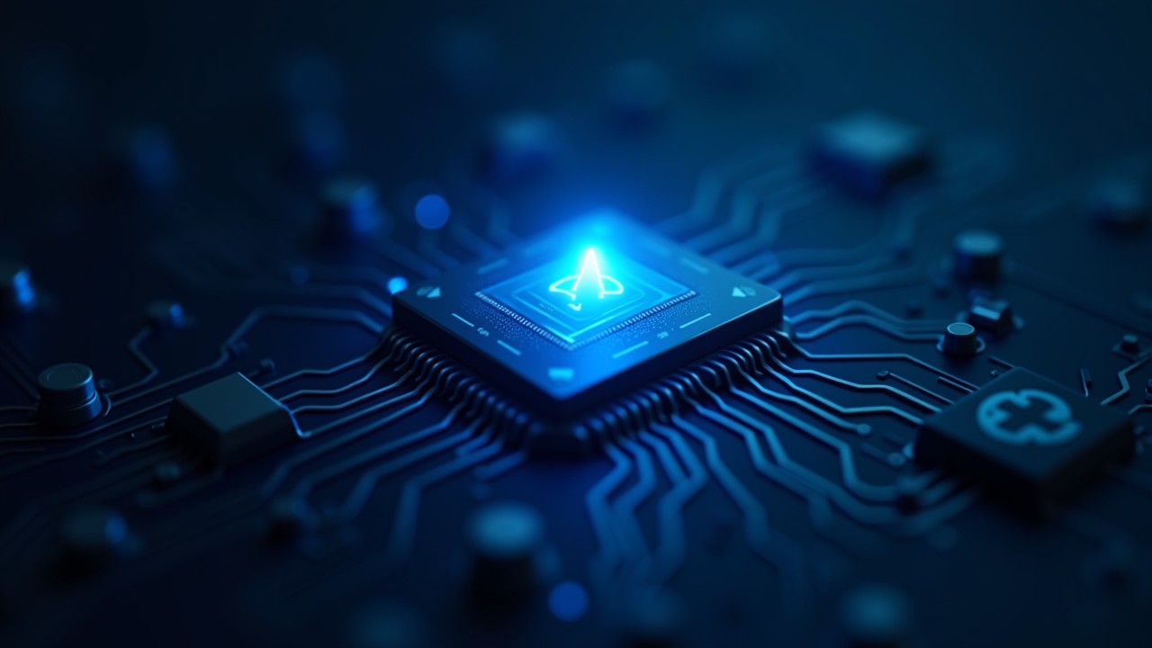 Glowing blue alert icon above circuitry representing automated system notifications and alerts.