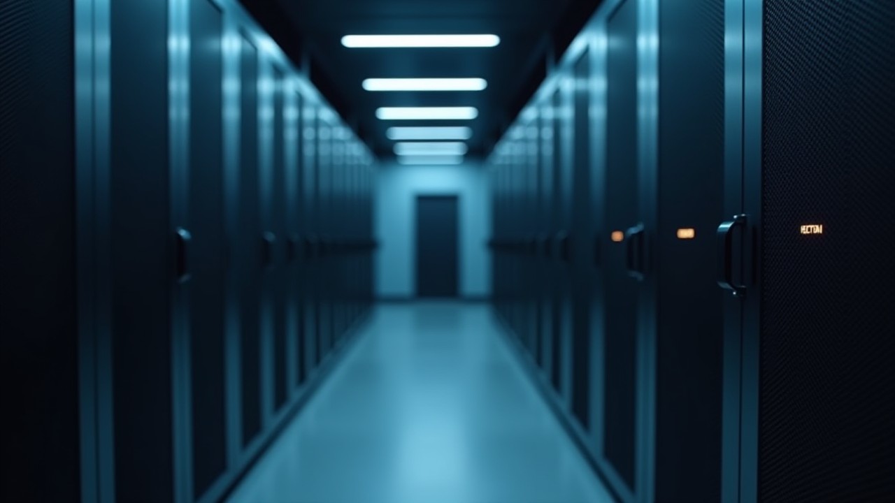 Realistic image of organized enterprise servers in grey-blue tones representing efficient data deduplication and compression.