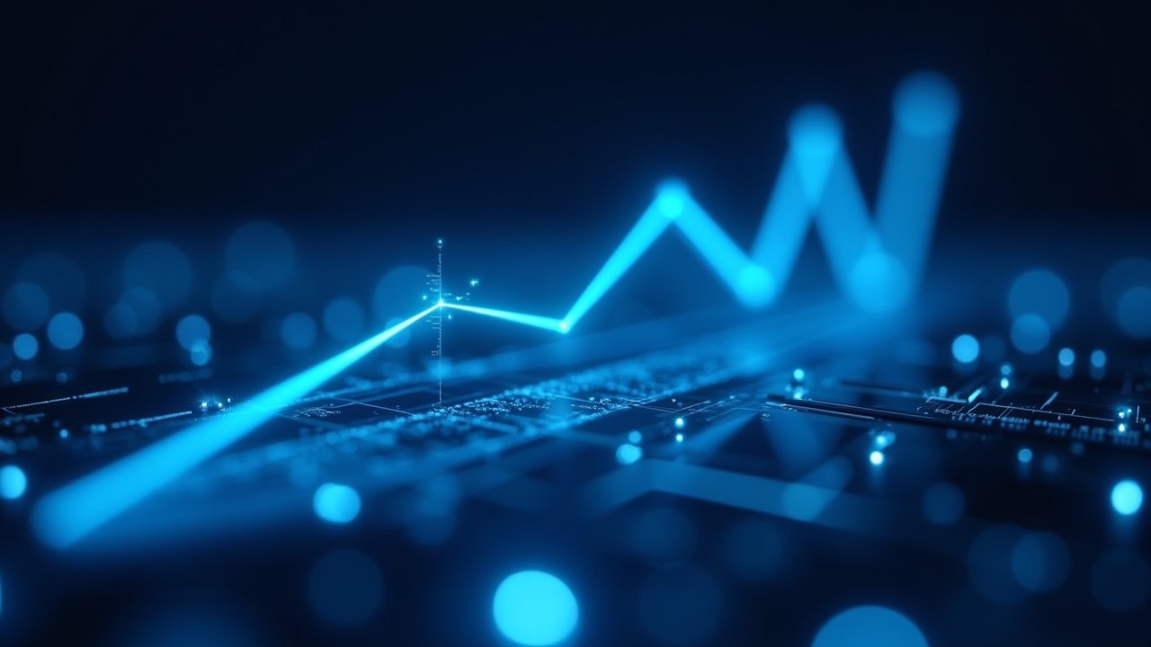 Rising neon blue line graph above circuitry representing data forecasting capabilities.