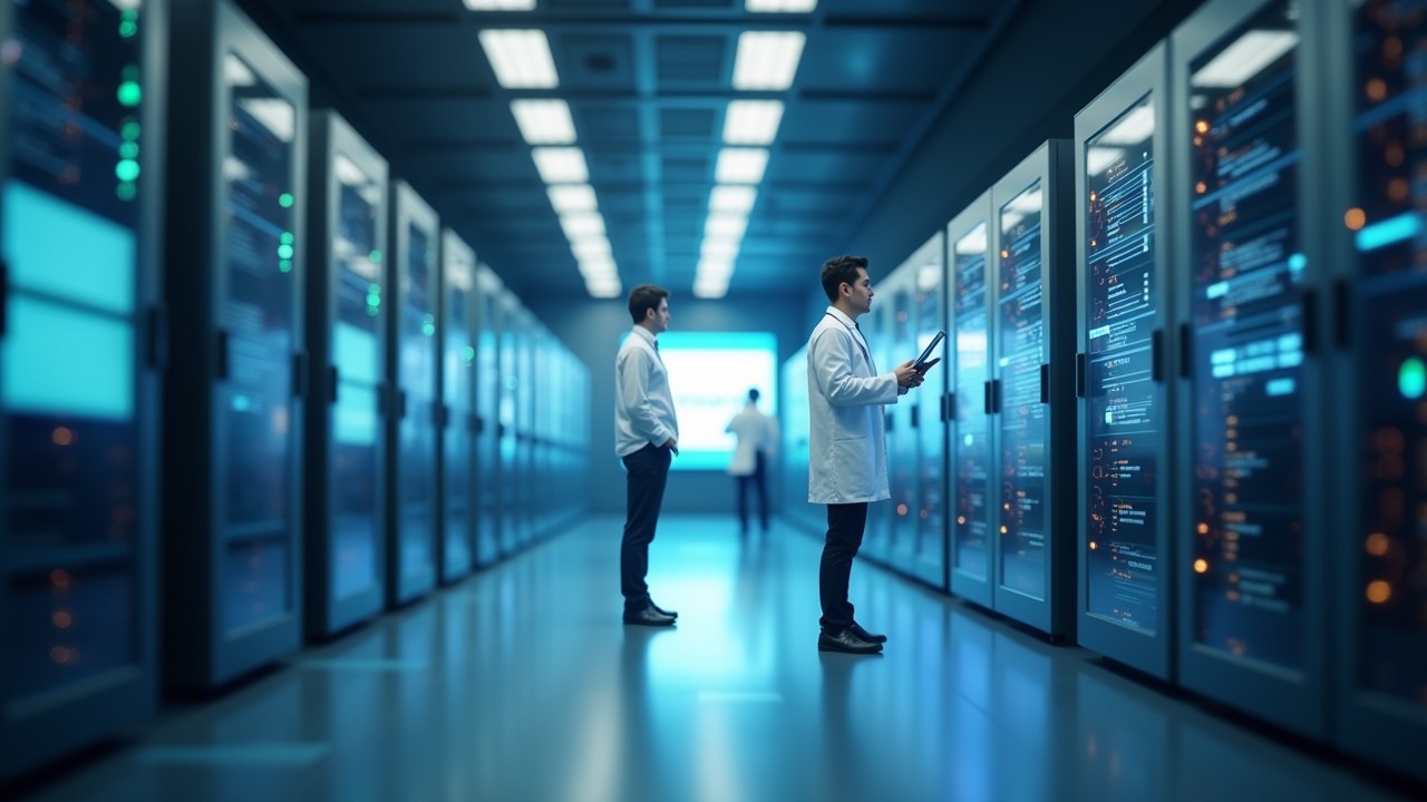 Realistic photo of researchers managing secure cloud data storage in a university environment representing education and research data management.