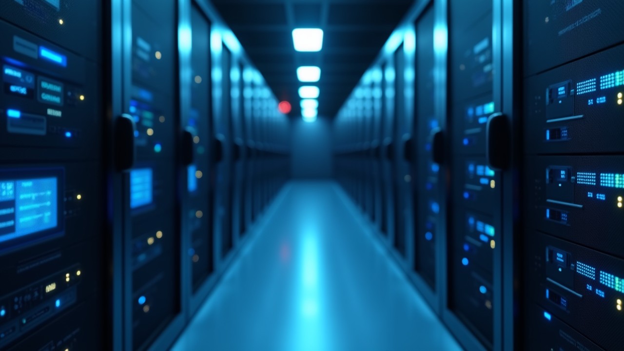 Realistic photo of enterprise servers in blue lighting representing reliable data backup, encryption, and recovery performance.