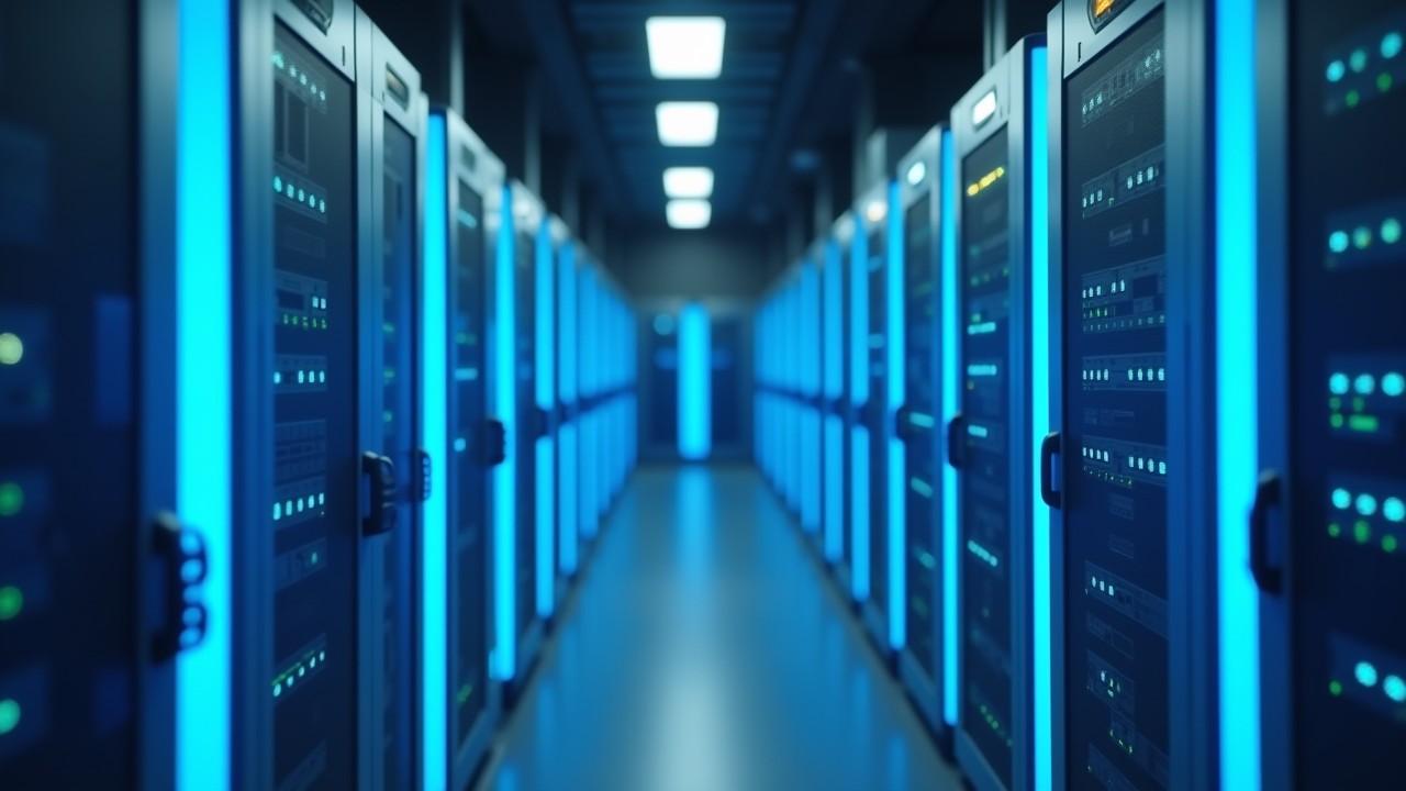 Realistic photo of enterprise data servers in soft grey-blue lighting representing reliable data backup and recovery.
