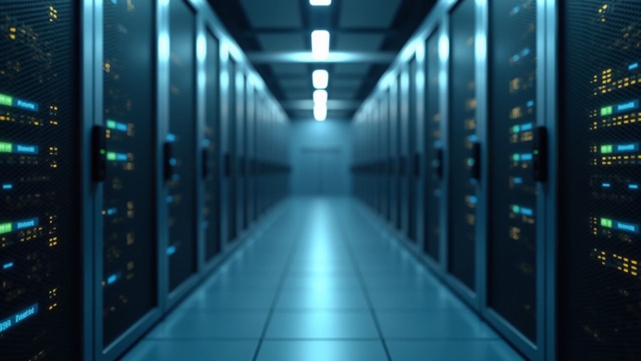 Realistic image of an enterprise data center with glowing servers representing corporate backup, recovery, and IT scalability.
