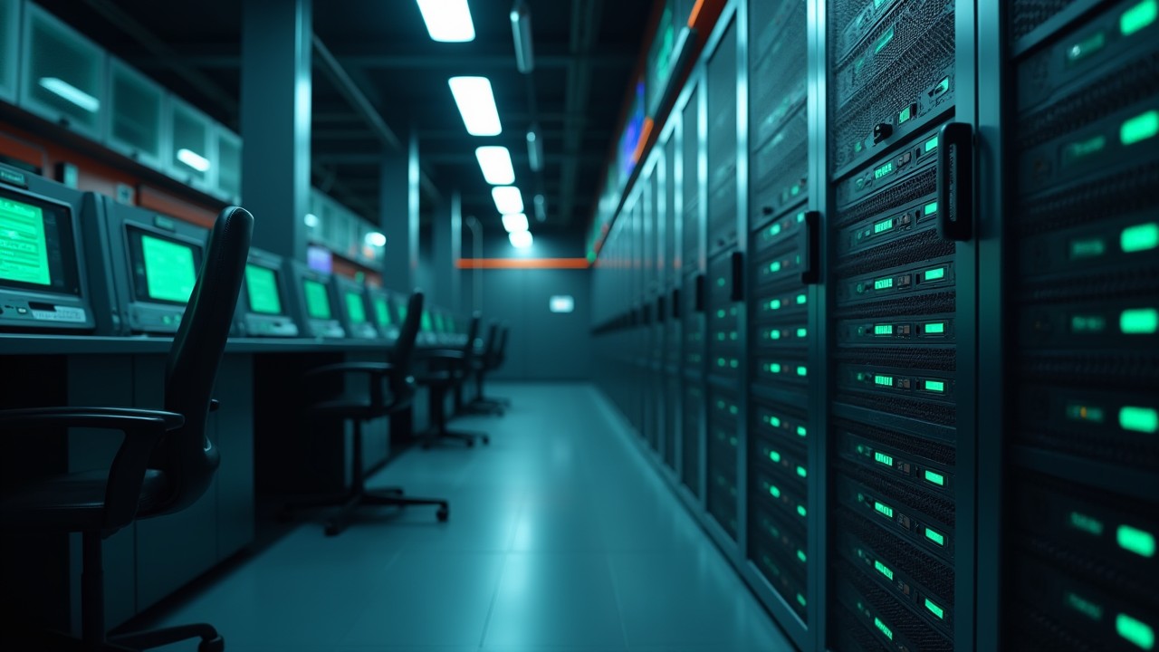 Realistic image of a government data center with blue-green lighting representing secure data sovereignty and long-term preservation.