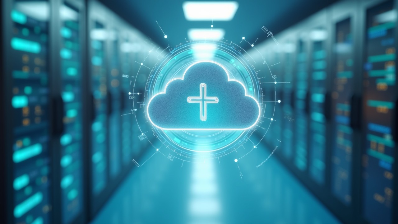 Realistic image of a healthcare data center with glowing blue-green tones symbolizing encrypted medical data archiving and patient privacy.
