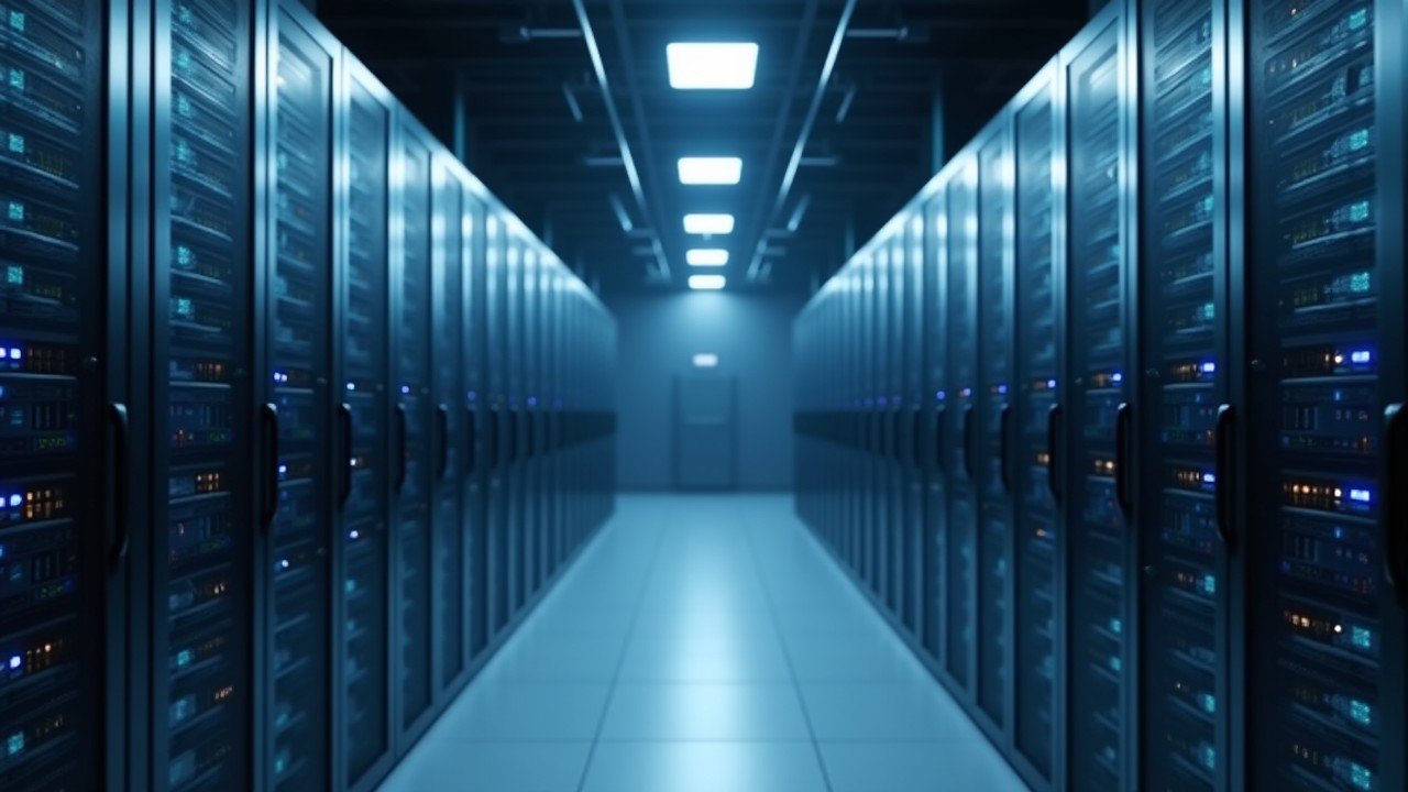Realistic photo of large server racks in grey-blue and light grey lighting symbolising secure, compliant long-term data archiving.