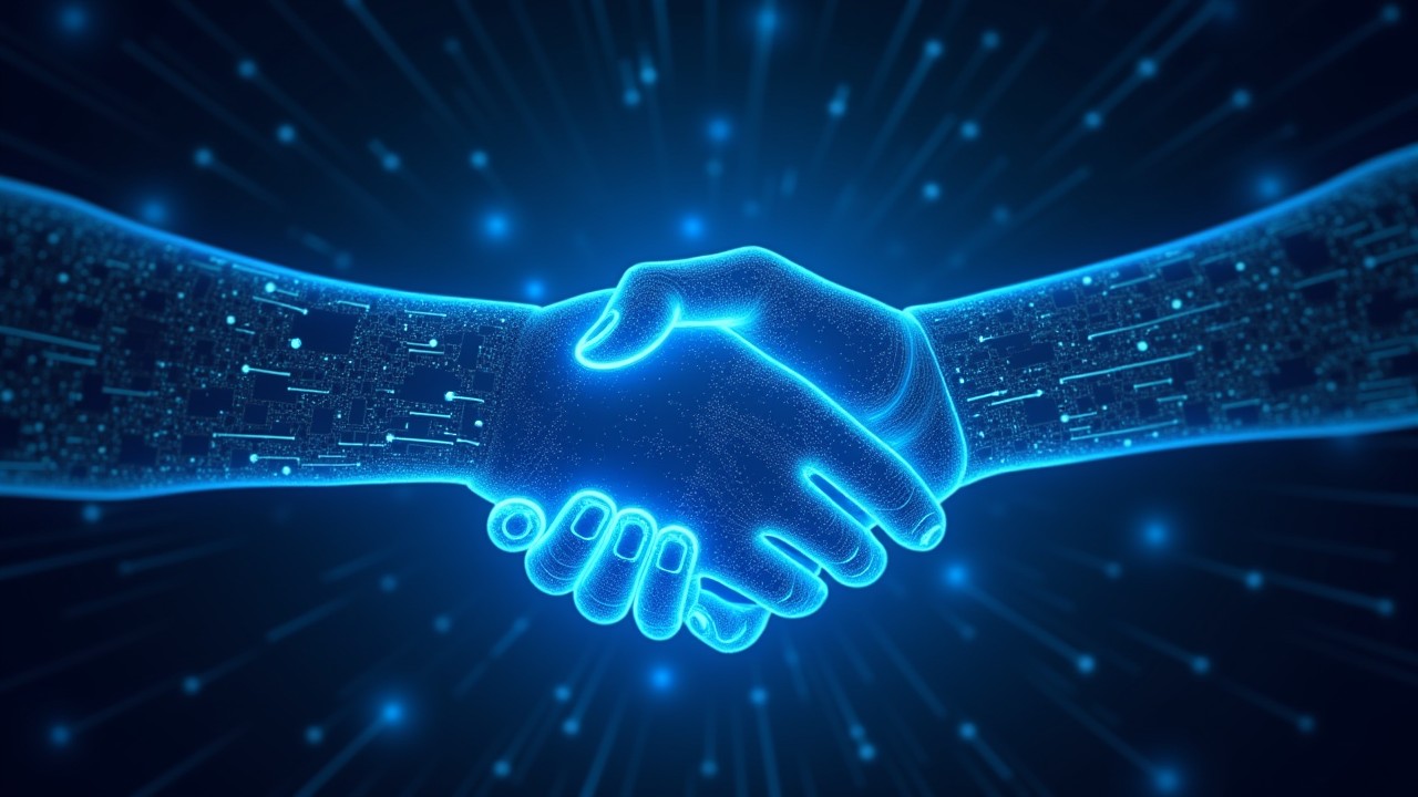 Blue holographic handshake above circuitry symbolizing HYDRAstor partner enablement and collaboration.