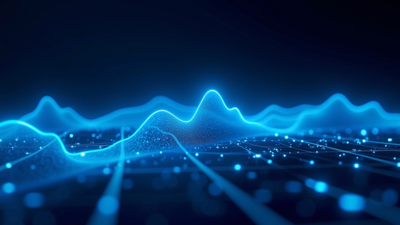 Blue glowing data curves over a digital circuit grid symbolizing predictive analytics for HYDRAstor systems.