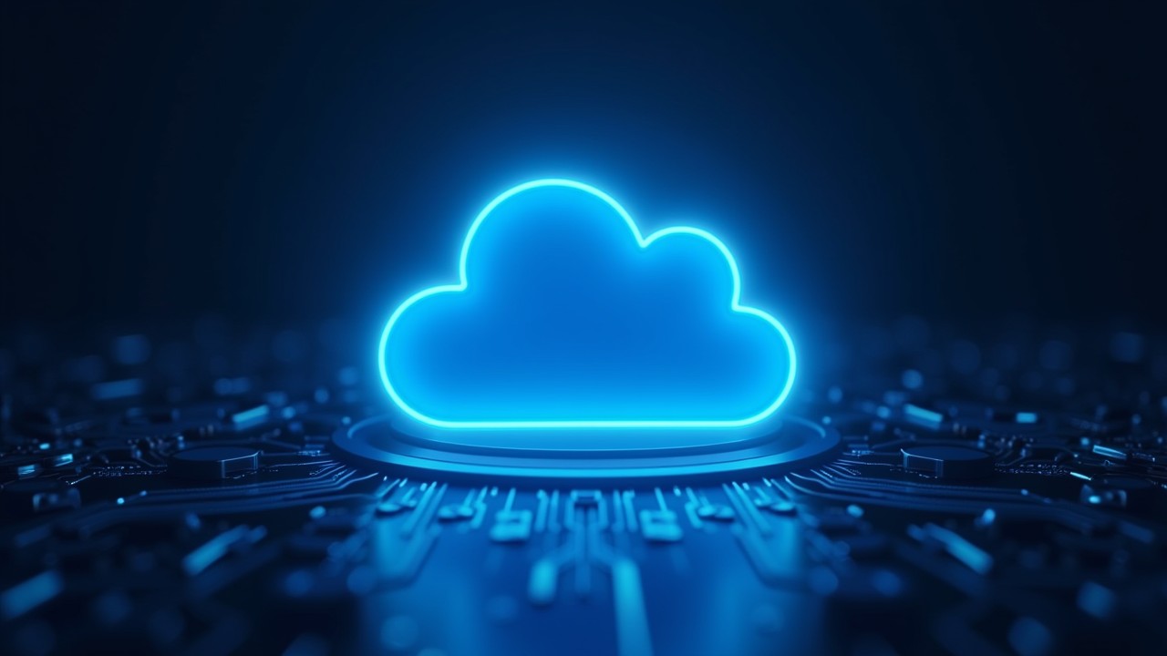 Glowing blue digital cloud icon above a circuit grid symbolizing cloud-based access to HYDRAstor monitoring.